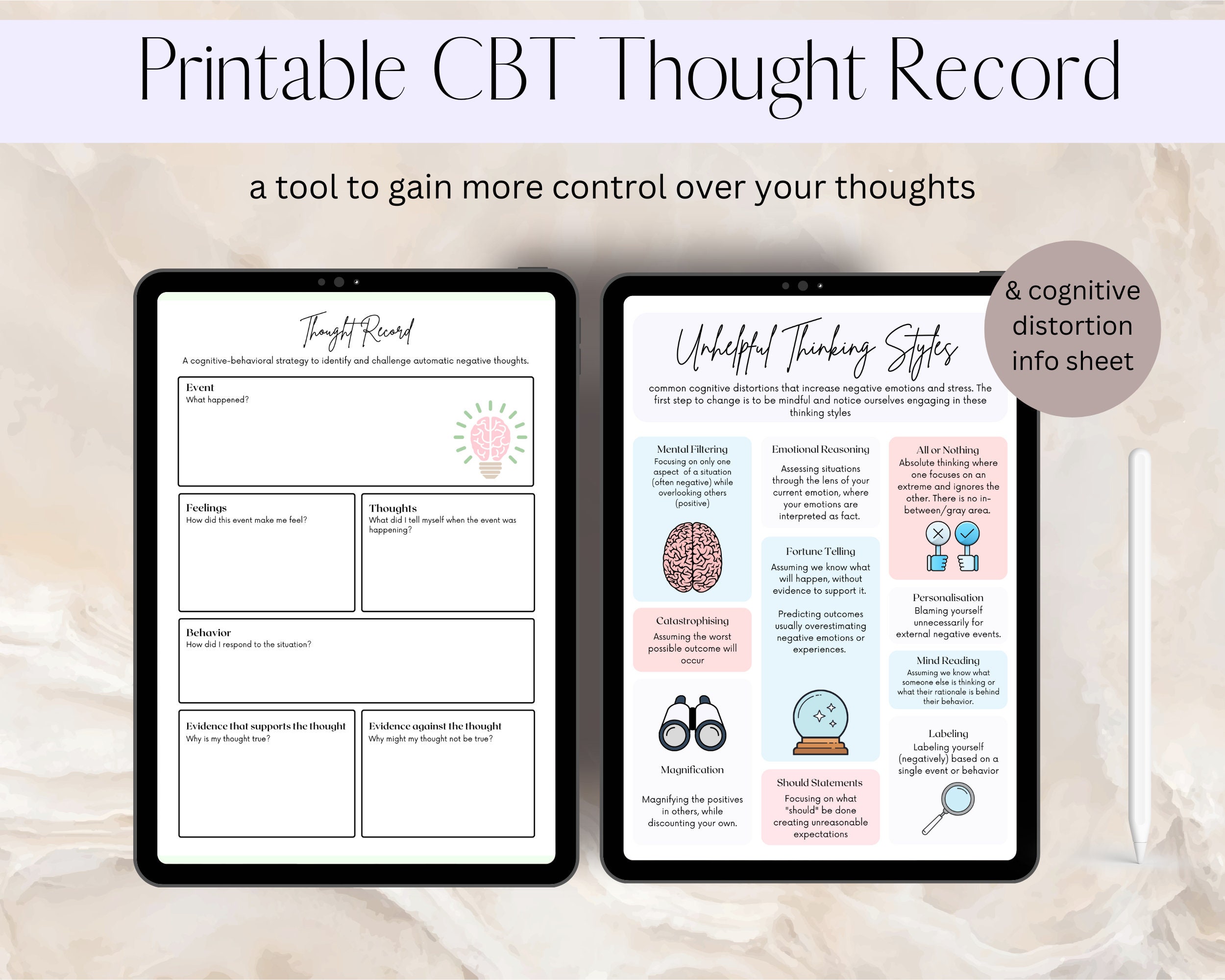 Printable CBT Thought Record, Cognitive Distortions PDF, Use in
