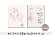 Self love printable wall art PDF, minimal modern home decor, neutral tone abstract printable wall art, feminine line art wall decor