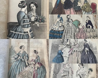 La mode printanière de 1856 de Godey et les tenues colorées inégalées de Godey. 6 planches coloriées à la main.