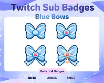 Blue Bows Twitch Sub & Bit Badges// 4 Cute Blue Magical Bows // Heart Bow Sub Badges // Kawaii Pastel Blue Celestial Bow Loyalty Badge Pack