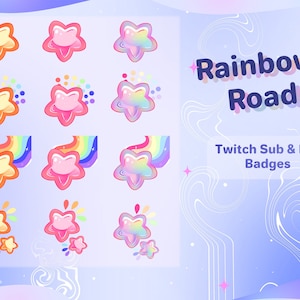 Może przedstawiać: Zestaw 12 odznak Twitch dla subskrybentów i bitów, przedstawiających tęczową gwiazdę z uroczą buzią. Odznaki są w różnych etapach animacji, niektóre pokazują tęczowy ślad, a inne wybuch kolorowych gwiazd.