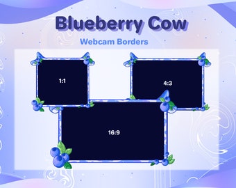 Blueberry Milk Cow Twitch Webcam Borders // 3 Cute Blueberries Cow Themed OBS Twitch Webcam Overlay Pack for Streamers