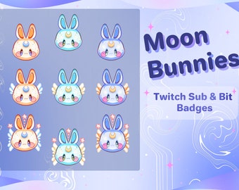 Cute Moon Bunnies Twitch Sub Badges // 9 Kawaii Pastel Blue & Yellow Bunnies // Cosmic Starry Rabbits// Magical Angelic Loyalty Badge Pack