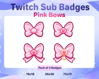 Pink Bows Twitch Sub & Bit Badges// 4 Cute Pink Magical Bows // Heart Bow Sub Badges // Kawaii Pastel Pink Sparkly Bow Loyalty Badge Pack