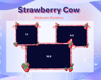 Strawberry Milk Cow Twitch Webcam Borders // 3 Pink Cow Print OBS Twitch Webcam Overlay Pack for Streamers