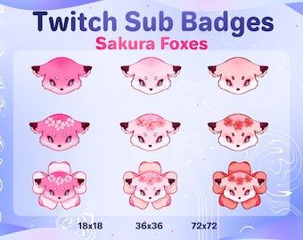 Cute Sakura Foxes Twitch Sub & Bit Badges // 9 Kawaii Pink Kitsune Cherry Blossom Badges Loyalty Badge pack
