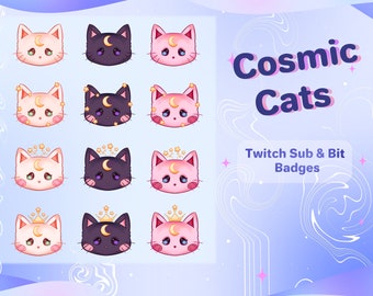 Cosmic Cats Twitch Sub & Bit Badges // Pack of 12 Magical Star Kitten Loyalty Badges for Streamers