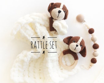 Soft Dog Blanket Crochet Rattle Set