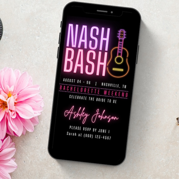 Nashville Invitation & Itinerary Template, Neon Itinerary, Bachelorette, Birthday, or Girls Weekend, Printable, Digital Download