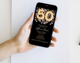 Black and Gold 50th Birthday Invitation Template | iPhone Template | Editable in Canva | Printable | Digital Download