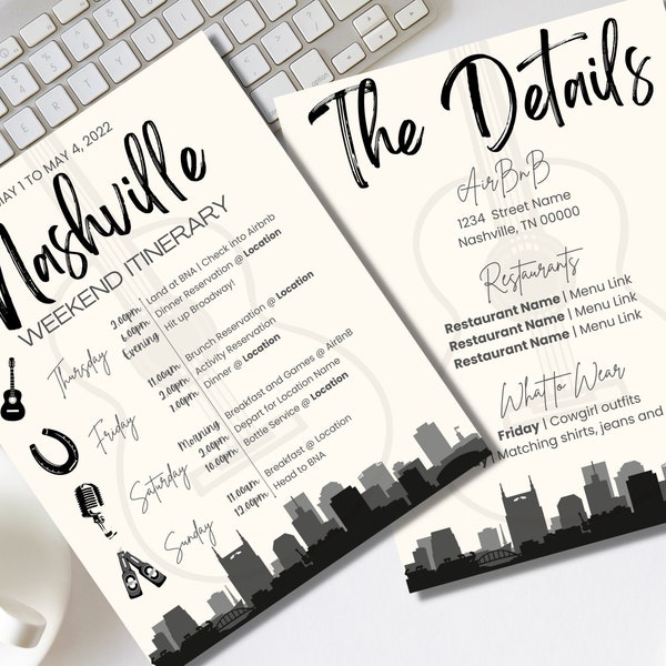 Nashville Itinerary Template | Black and White, Editable on Canva, Printable, Digital Download