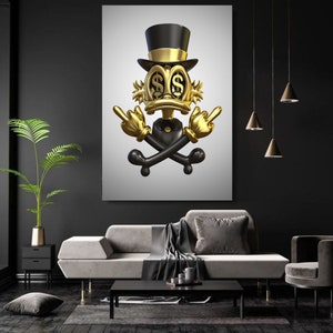 May include: A gold and black cartoon character with dollar signs for eyes, wearing a top hat and giving the middle finger with both hands. The character is standing on a pair of crossed bones.