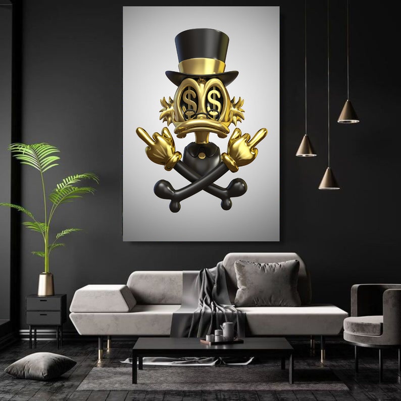 May include: A gold and black cartoon character with dollar signs for eyes, wearing a top hat and giving the middle finger with both hands. The character is standing on a pair of crossed bones.