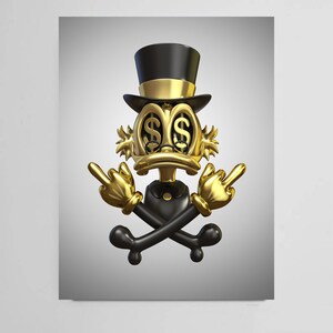 May include: A gold cartoon duck wearing a black top hat with a gold band and a black bow tie. The duck has dollar signs for eyes and is giving the middle finger with both hands. The duck is sitting on top of two crossed black bones.