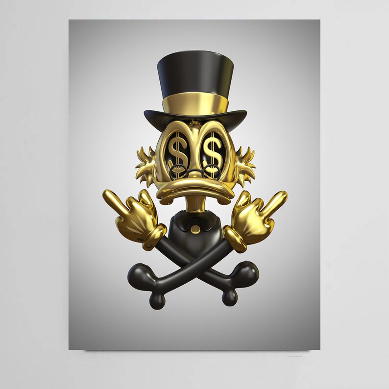 May include: A gold cartoon duck wearing a black top hat with a gold band and a black bow tie. The duck has dollar signs for eyes and is giving the middle finger with both hands. The duck is sitting on top of two crossed black bones.