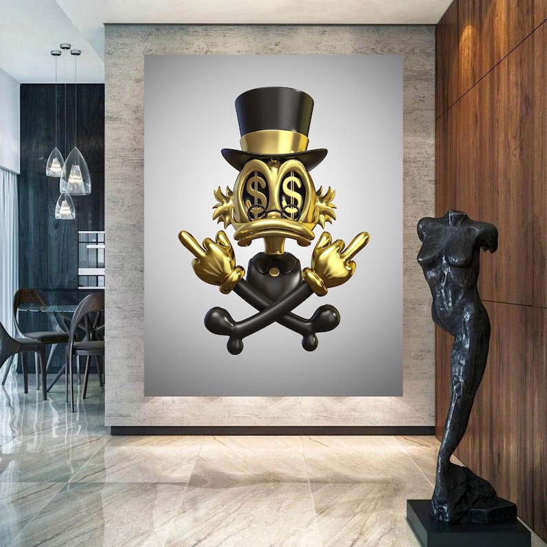 May include: A gold and black cartoon character with dollar signs for eyes, wearing a top hat and giving the middle finger with both hands. The character is standing in front of a pair of crossed bones.