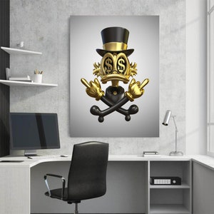 May include: A gold and black cartoon character with dollar signs for eyes, wearing a top hat and giving the middle finger with both hands. The character is standing on a pair of crossed bones.