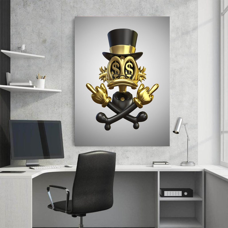 May include: A gold and black cartoon character with dollar signs for eyes, wearing a top hat and giving the middle finger with both hands. The character is standing on a pair of crossed bones.