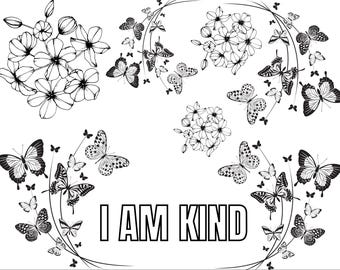 Coloring Sheet with Positive Affirmation “I Am Kind” Coloring for Adults, Coloring for Kids