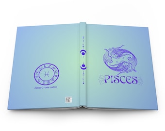 Op de afbeelding: Een open boek met een blauwe en groene gradiëntomslag. De linkerpagina toont een dierenriemcirkel met het symbool van de Vissen in het midden. De rechterpagina toont een paarse illustratie van twee vissen met het woord "Vissen" eronder.