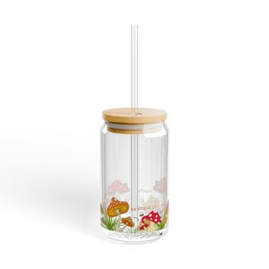 Glastasse mit Bambusdeckel und Strohhalm, Sipper Glas, 16 Unzen, Pilztasse, Pilz Design, Be Art To Your Mind Geschenk für sie, Kaffeeliebhaber Geschenk