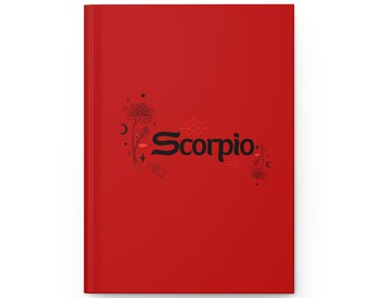Könnte beinhalten: Rotes Journal mit dem Wort "Scorpio" in schwarzer Schrift und einem floralen Design in Schwarz und Rot.