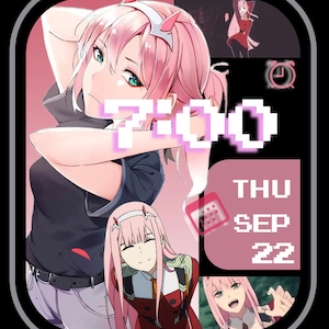 May include: A digital watch face with a pink and black color scheme. The watch face features a cartoon anime character with pink hair and a black shirt. The time is displayed as 7:00. The date is displayed as Thu Sep 22.