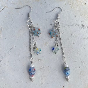 Blue and Silver Dangly Millefiori Glass Earrings