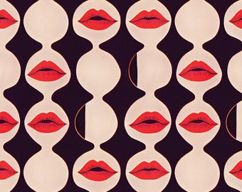 May include: A repeating pattern featuring red lips and abstract shapes. The design has a retro aesthetic, with the lips arranged in rows against a dark background. The shapes are in a light beige color, with a thin orange line.