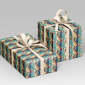 May include: Two gift boxes wrapped in patterned paper featuring a vintage illustration of a rabbit holding a carrot. The boxes are tied with ivory-colored ribbon and bows, set against a light gray background.