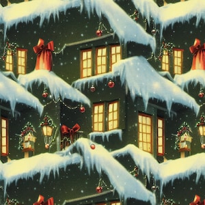 May include: A repeating pattern of snow-covered rooftops with lit windows, red bows, and ornaments. The buildings are dark green with snow-covered roofs. Christmas-themed image with a festive winter scene.