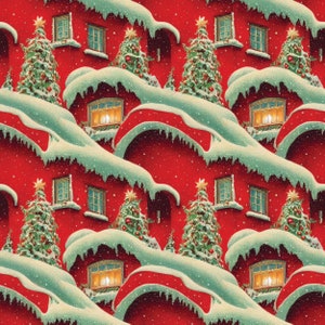 May include: Seamless pattern featuring red houses covered in snow, with Christmas trees and glowing windows. The repeating design evokes a festive holiday atmosphere, perfect for seasonal decor or fabric.