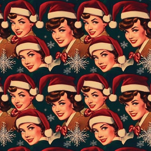 May include: Repeating pattern featuring vintage illustrations of women wearing Santa hats and smiling. The women are dressed in brown jackets and green blouses, with red bows. White snowflakes are scattered across a dark teal background.
