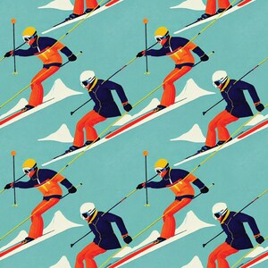 May include: A repeating pattern of skiers on a light blue background. Each skier wears a navy blue jacket, orange pants, and a white helmet. The skis are white with red stripes, and the poles are yellow. White mountain shapes are in the background.