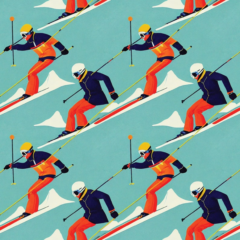 May include: A repeating pattern of skiers on a light blue background. Each skier wears a navy blue jacket, orange pants, and a white helmet. The skis are white with red stripes, and the poles are yellow. White mountain shapes are in the background.