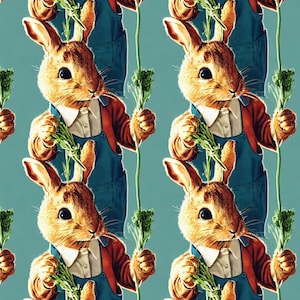 May include: A repeating pattern featuring a cartoon rabbit wearing a red jacket, blue overalls, and a white collared shirt. The rabbit holds a bunch of green vegetables against a teal background. The illustration has a vintage, storybook style.