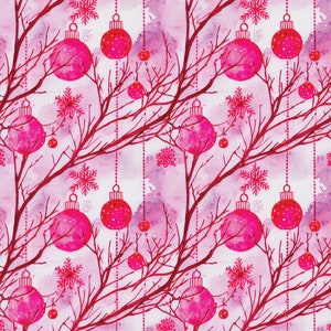 May include: A watercolor pattern featuring pink Christmas ornaments, snowflakes, and branches against a soft, watercolor-style background. The ornaments are round with a dotted design, and the branches are a deep red.
