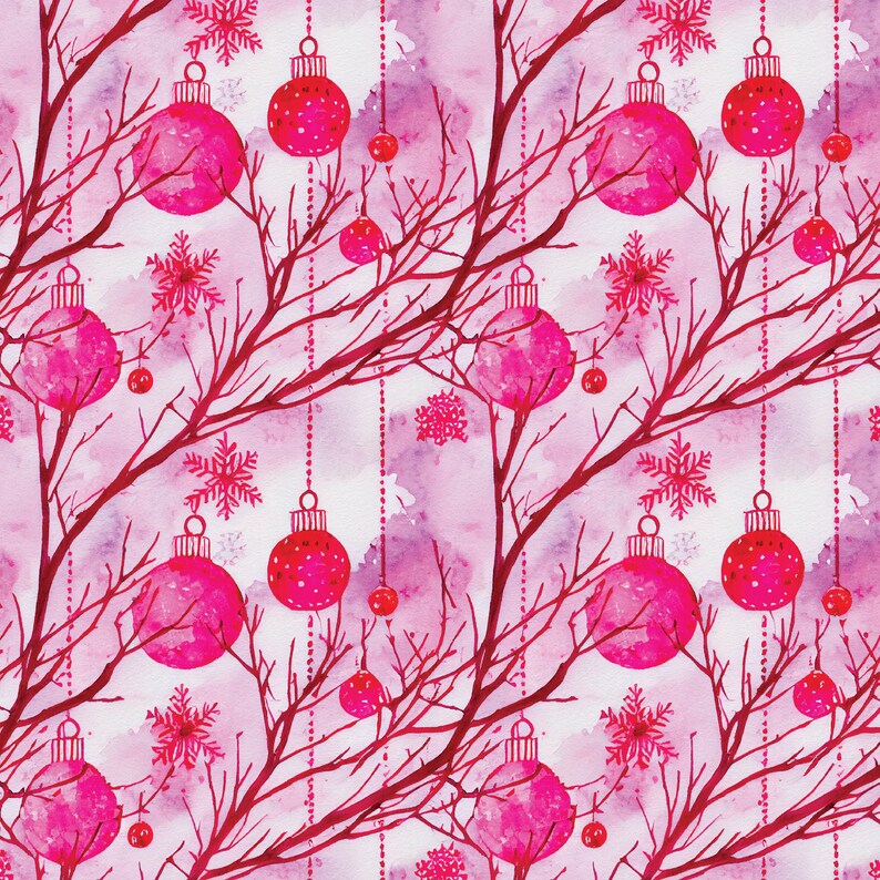 May include: A watercolor pattern featuring pink Christmas ornaments, snowflakes, and branches against a soft, watercolor-style background. The ornaments are round with a dotted design, and the branches are a deep red.
