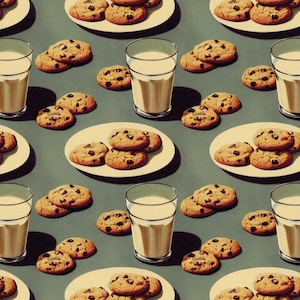 May include: A repeating pattern of chocolate chip cookies on white plates and glasses of milk against a teal background. The cookies are round and golden brown with dark chocolate chips. The milk glasses are clear and filled with white milk.
