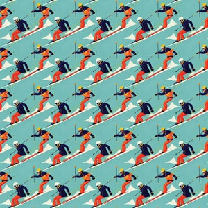 May include: A repeating pattern of skiers on a light blue background. Each skier is depicted in a retro style, wearing a white helmet, navy blue jacket, orange pants, and skis. The skiers are positioned on a diagonal, creating a dynamic and visually appealing design.