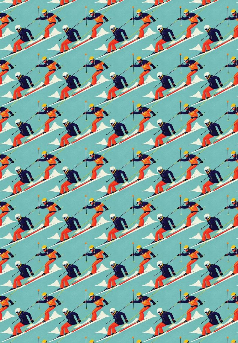 May include: A repeating pattern of skiers on a light blue background. Each skier is depicted in a retro style, wearing a white helmet, navy blue jacket, orange pants, and skis. The skiers are positioned on a diagonal, creating a dynamic and visually appealing design.
