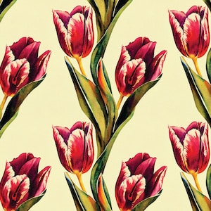 May include: A repeating pattern of watercolor tulips in shades of red and white, with green leaves and stems. The flowers are set against a pale yellow background, creating a seamless floral design.