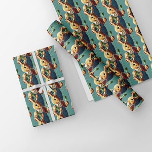 May include: Wrapping paper featuring a repeating pattern of a vintage illustration of a rabbit holding a carrot. The rabbit is dressed in a red jacket and blue vest. The paper is teal with a white ribbon tied around a wrapped gift.