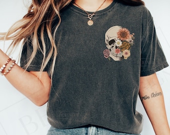 Floral Skull Shirt, Flower Skull TShirt, Gobblincore Boho Graphic Tee, Bloom Skull Fall Halloween Shirt, Oversized Witchy Botanical Skeleton