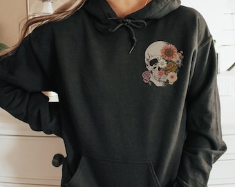 Floral Skull Graphic Hoodie: Boho Witchy Skeleton Sweatshirt