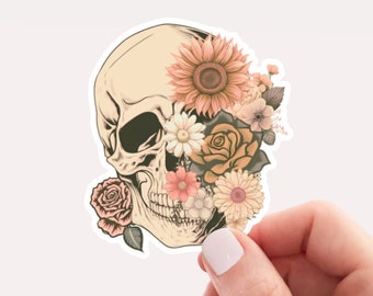 Floral Skull Sticker: Spooky Goth Decal for Laptop, Car, Water Bottle