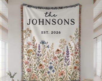 Custom Wildflower Woven Blanket, Personalized Family Name Throw, Established Date Wedding or New Homeowner Gift