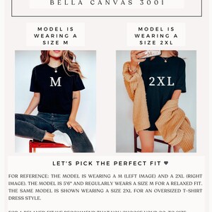 Puede incluir: Gr&aacute;fico de gu&iacute;a de tallas con el texto "Size Guide" y "BELLA CANVAS 3001". Se muestran dos modelos que llevan una camiseta de talla M y 2XL. Tambi&eacute;n se incluye el texto "LET'S PICK THE PERFECT FIT".