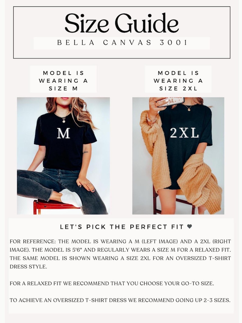 Puede incluir: Gr&aacute;fico de gu&iacute;a de tallas con el texto "Size Guide" y "BELLA CANVAS 3001". Se muestran dos modelos que llevan una camiseta de talla M y 2XL. Tambi&eacute;n se incluye el texto "LET'S PICK THE PERFECT FIT".