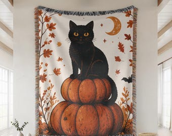 Black Cat Pumpkin Woven Blanket, Halloween Cat Throw, Vintage Fall Decor, Spooky Autumn Blanket, Cat Lover Gift
